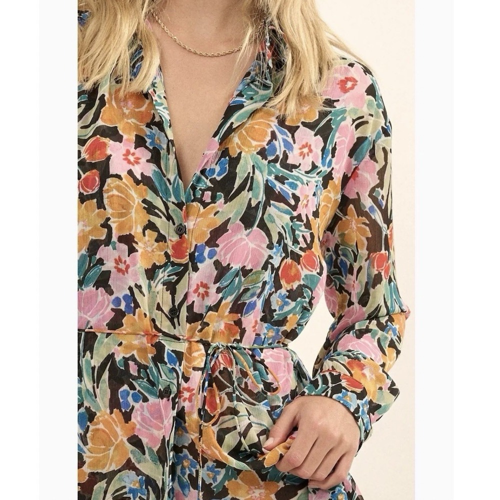 Promesa Tulum Black Floral Chiffon Button-Front Shirt Romper Long Sleeve Small - Picture 3 of 8